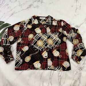 Jones New York Womens Vintage 90s Silk Blouse Top Size L Red Black Watch Plaid